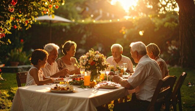 Family enjoys a meal at a table outdoors during golden hour, with flowers and drinks
