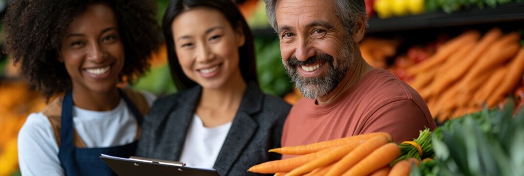 Smiling market staff holding clipboard with carrots and vegetables for produce inspection and retail teamwork background