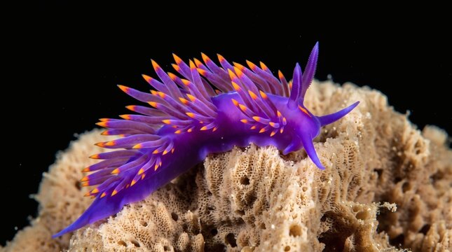 Vibrant purple nudibranch sea slug with orange spots on coral reef.