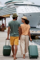 Fototapeta premium Couple walking on dock toward cruise ship with suitcases for travel banner and vacation background