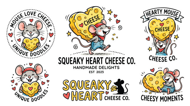 Set of cute mouse characters with heart shaped cheese logo designs.
