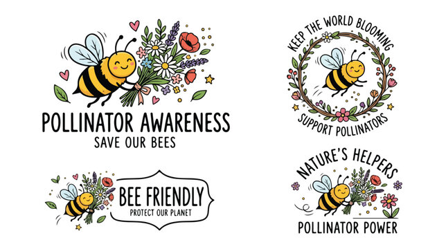 Set of hand drawn bee illustrations with floral elements and conservation slogans.