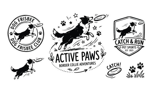 Set of hand drawn border collie frisbee dog logos and emblems.