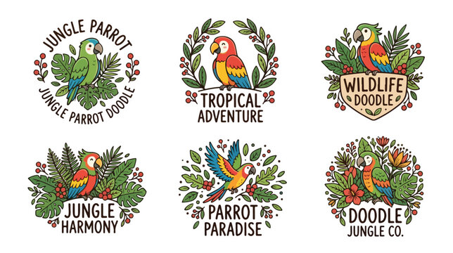 Set of six hand drawn jungle parrot and tropical bird emblem illustrations.