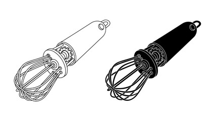 Handheld Electric Whisk Set: A simple, clean illustration showcasing two handheld electric whisks, one in black and one in white outline, with their beaters extended, ready for kitchen use. © Abu