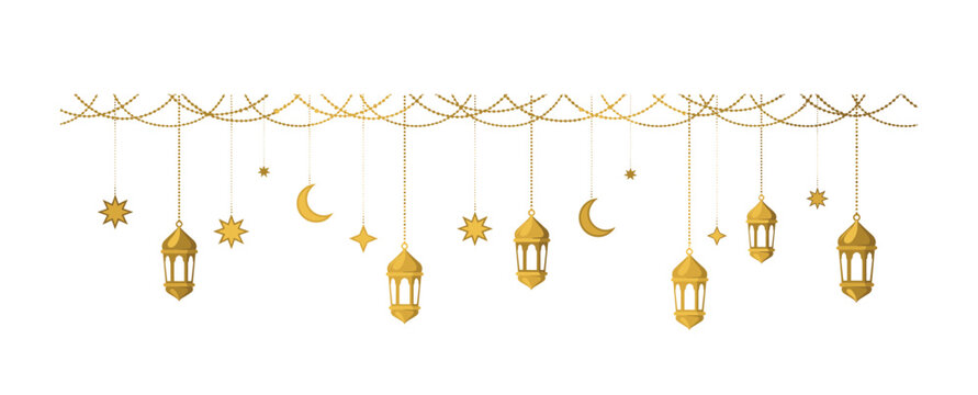 Golden hanging lanterns and crescent moons with decorative beads for ramadan kareem celebration
