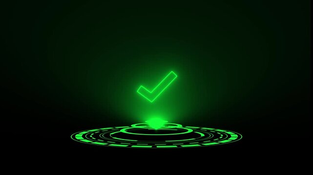 Neon green checkmark glowing on futuristic digital interface, Futuristic green neon checkmark icon and digital interface, Glowing circular pattern and success confirmation.