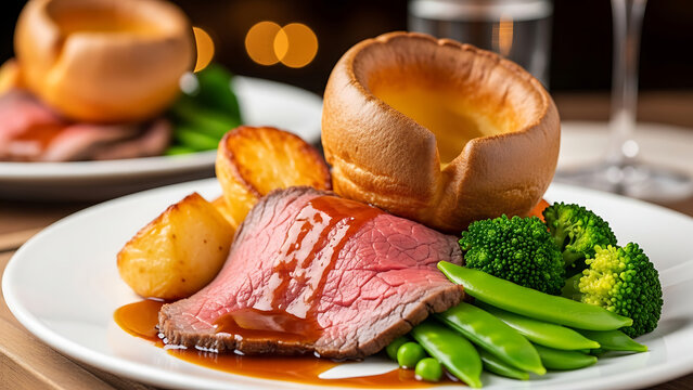 Delicious Roast Beef Dinner with Yorkshire Pudding and Roasted Potatoes