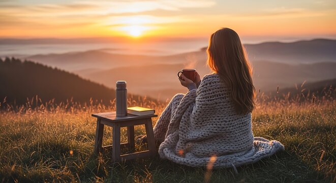 Woman in contemplation during a serene sunrise moment.