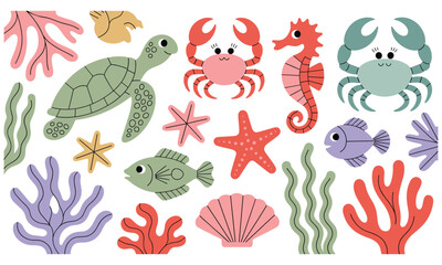 Obraz premium Colorful collection of cute hand drawn marine animals and sea plants creating a delightful underwater scene for whimsical creative projects