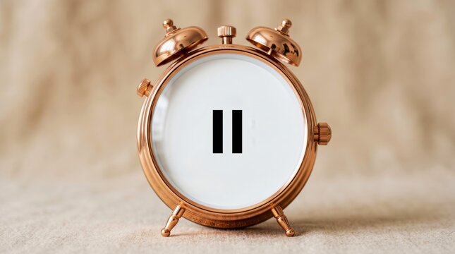 Conceptual image of a copper alarm clock with a pause symbol on the dial