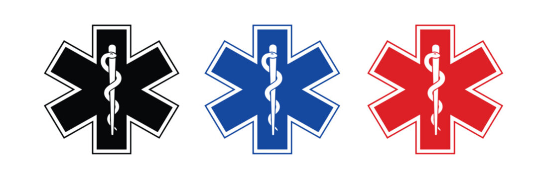 Star of Life Medical Symbols: A collection of three iconic Star of Life symbols, rendered in black, blue, and red, representing emergency medical services and healthcare professionals.