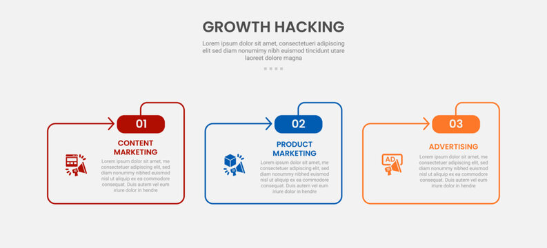 Growth hacking infographic outline style with 3 point template with folder shape and arrow line for slide presentation
