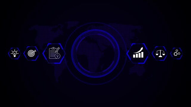 Futuristic digital interface showcasing global business concepts with icons for innovation , Futuristic digital interface connects global business. Innovation and data drive corporate growth.