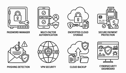 Fototapeta premium Collection of Cybersecurity and Data Protection Icons Representing Various Security Measures