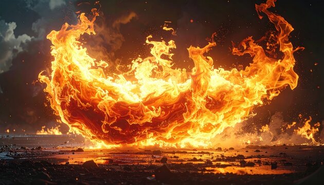 Fiery orb erupts against a dramatic, cloudy sky, reflecting on cracked ground