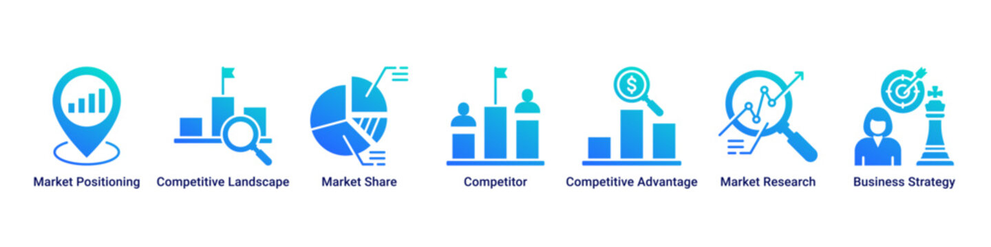 Market Strategy web banner icon vector illustration with icons of Market Positioning, Competitive Landscape, Market Share, Competitor, Competitive Advantage, Market Research and Business Strategy