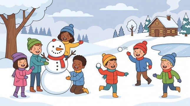 Happy children playing in a snowy winter wonderland, building a snowman and having a joyful snowball fight near a cozy cabin.