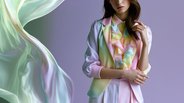 young stylish woman in pastel fashion, confident fashionable woman in trendy pastel outfit, cool modern woman showcasing pastel style
