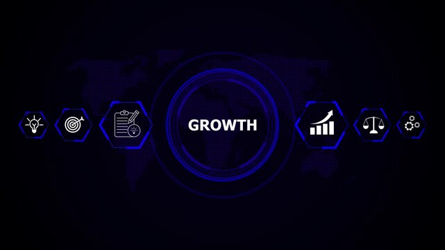 Digital abstract growth concept with icons for idea target planning progress balance , Digital abstract growth concept with global icons. Innovation and strategy drive success.