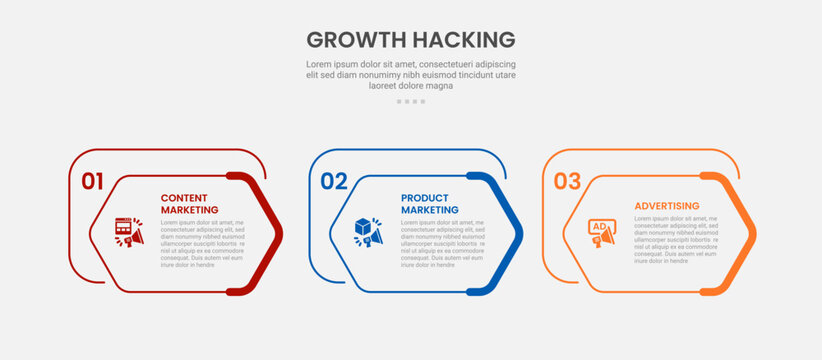 Growth hacking infographic outline style with 3 point template with creative hexagon box on horizontal direction for slide presentation