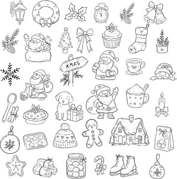 Hand Drawn Christmas Doodle Vector Set with Santa and Holiday Elements