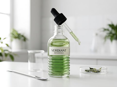 Vibrant green botanical extract in a clear dropper bottle, conceptually representing natural science and organic wellness for diverse beauty and health formulations
