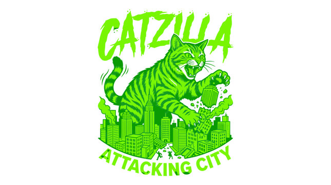 Cat-themed Kaiju attacking city, 'Cat-zilla' text, neon green illustration