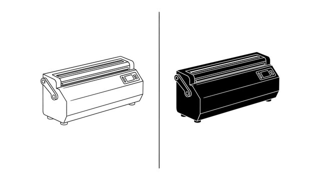 Sealing Machine Dual View: A comparison of a sealing machine presented in both a clean line drawing and a stark silhouette, highlighting its industrial design and function.
