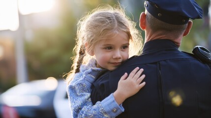 Fototapeta premium Officer holds child in a safe embrace during a community event in the afternoon light