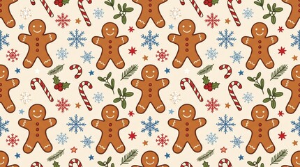 Fototapeta premium A festive seamless pattern featuring gingerbread men, candy canes, holly, and snowflakes on a light background, perfect for holiday designs.