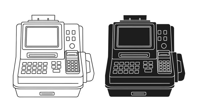 POS Terminal Silhouette: A pair of Point of Sale terminals, one rendered in a clean outline and the other in a solid black silhouette, are presented side-by-side.