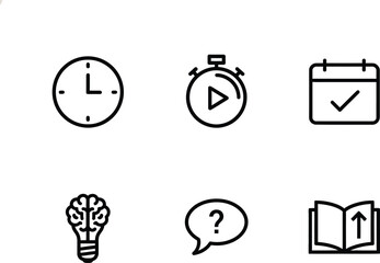 Icons Representing Time, Learning, and Productivity with a Clock, Timer, Checklist, Lightbulb, Question Mark, Speech Bubble, and B © Mehrun