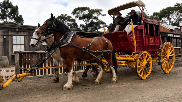 Vintage Horse-Drawn Carriage with Passengers in a Historic Australian Town
