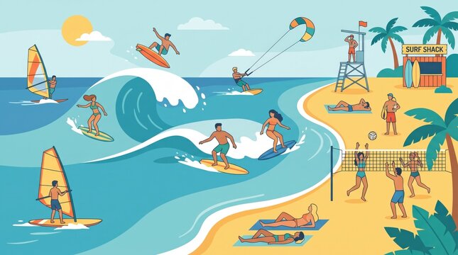 A lively cartoon illustration of a sunny beach with people enjoying various water sports like surfing, windsurfing, and kitesurfing, alongside beach activities such as sunbathing and volleyball.