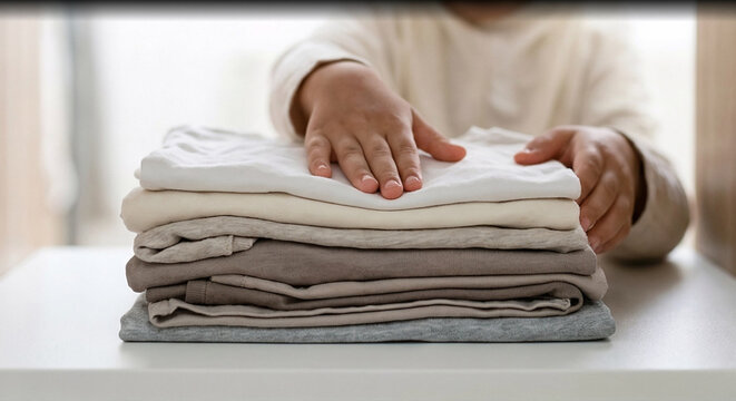 Close up of hands placing a neatly folded stack of clean laundry clothes onto a wooden shelf