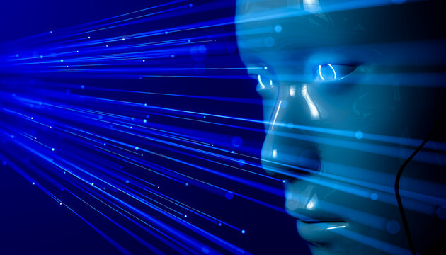 3D robot data vision cybersecurity crossed by blue light beam array