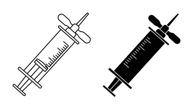 Syringe Icons: A simple, modern design featuring two syringe icons, one in outline and one in solid black, representing medical tools or injections.