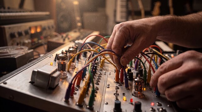 Hands patching modular synthesizer cables in a warm analog music studio
