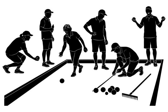 Silhouette of individuals playing bocce ball game outdoors.