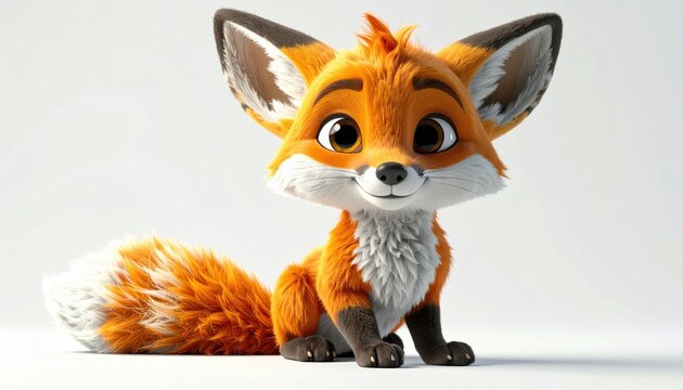 Animated, cartoon fox with fluffy orange fur, large eyes, sitting against a white background