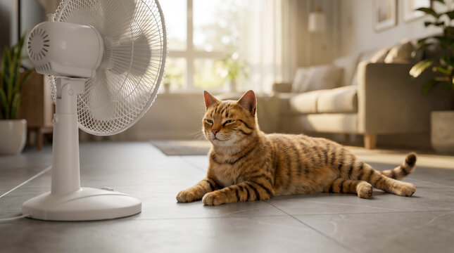 A cute ginger tabby cat resting comfortably in front of a cooling electric fan in a sunlit living room.