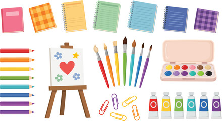Art supplies and stationery collection with notebooks brushes paints and pencils for creativity © MDTOFIZUL
