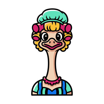 Cartoon woman with duck face, colorful hair, glasses, wearing a apron and headscarf