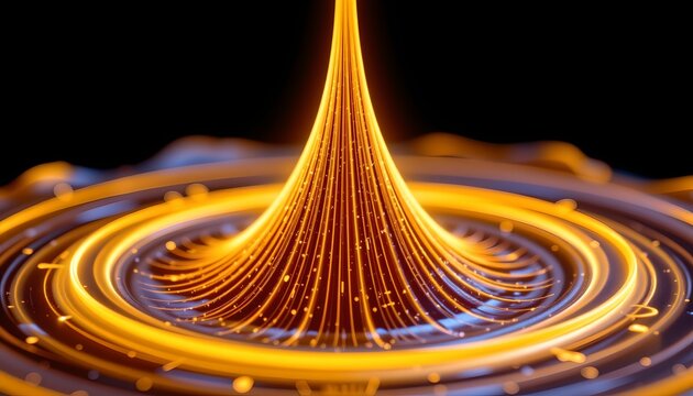 The image features a vibrant, glowing cone shaped structure that appears to be emanating energy or light, set against a dark background