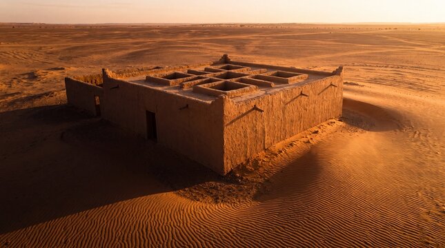 Aerial view of fortress with geometric roof in desert sunset