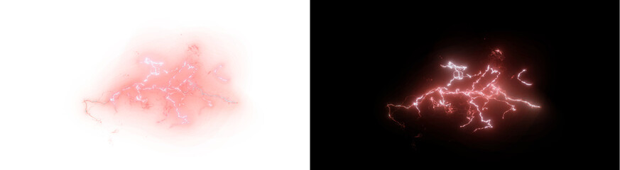 PNG of Vibrant red electric lightning bolt with sharp jagged energy sparks glowing against the dark void on transparent background © Rafiqul