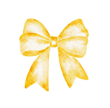A vibrant yellow watercolor bow, hand painted with delicate textures, stands out on a clean white background. This elegant illustration is perfect for gifting, holiday cards, invitations, parties, bir