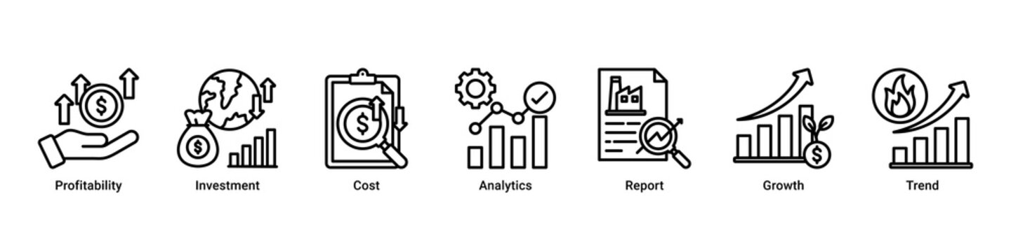 Investment Insight web banner icon vector illustration with icons of Profitability, Investment, Cost, Analytics, Report, Growth and Trend