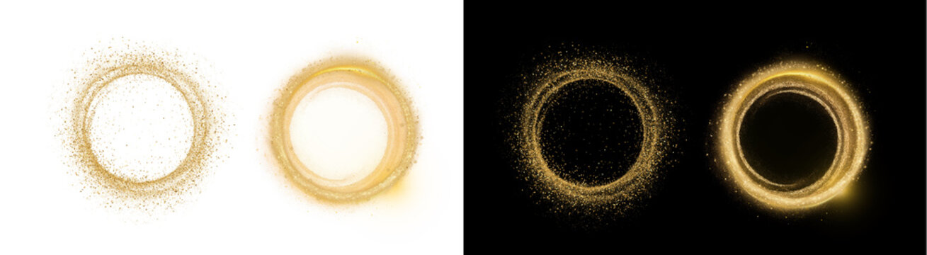 PNG of Elegant golden circular dust particles forming glowing rings with shimmering light flares and luxurious texture effects on transparent background